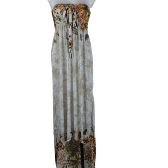 Dresses & Skirts - Women's Dress Size Med Cream Orange Butterflies Shirring Maxi High Low Hem Bow